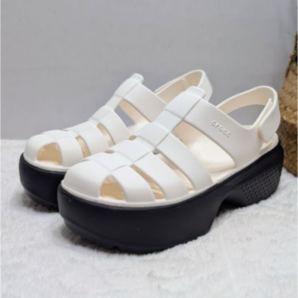 CROCS Stomp Black & White Fisherman Chunky Platform Sandals Women's 10 NWT - Picture 4 of 12